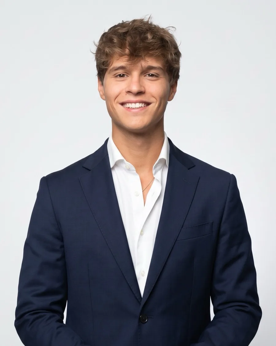 Lorenzo D'Ambrosio, sorridente, in giacca blu e camicia bianca